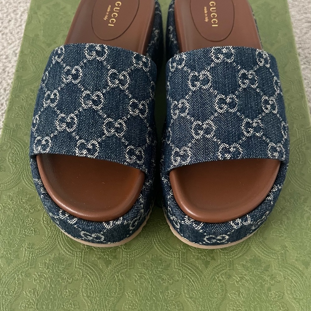 Gucci Blue Monogram Denim Slides